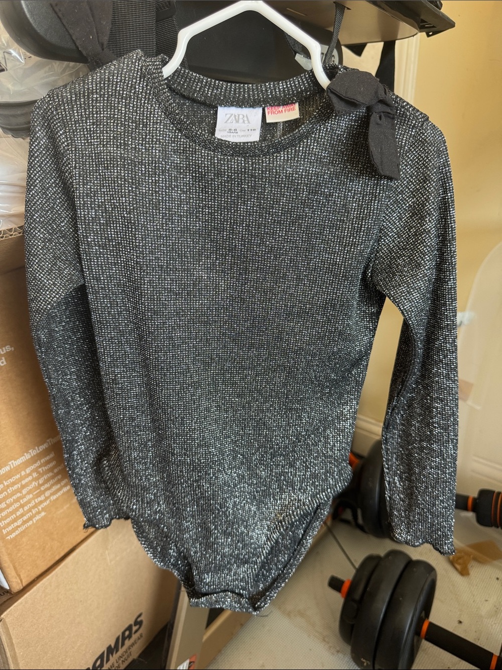 Zara Black Metallic Knit Crewneck Bodysuit with Shoulder Bow